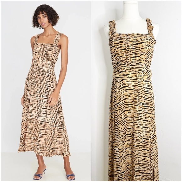 Faithfull the Brand Dresses & Skirts - Faithfull The Brand Tiger Print Ruffle Strap Midi Dress – Size L (US 8)